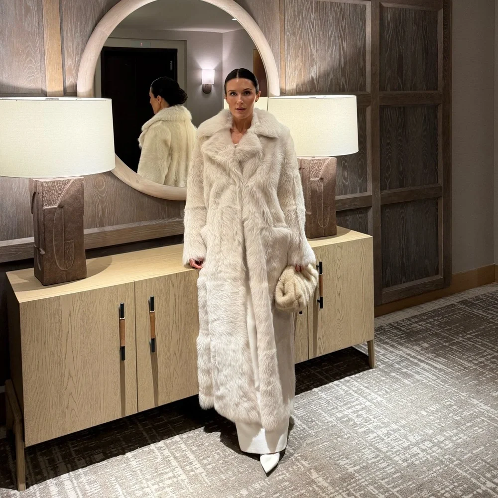 Nour Hammour Evita Long Luxurious Shearling Coat in Cloud - Picture 7 of 7